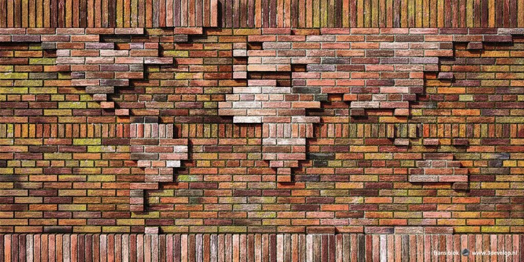 Brick wall with a world map in relief and with moss, lichen and chalk