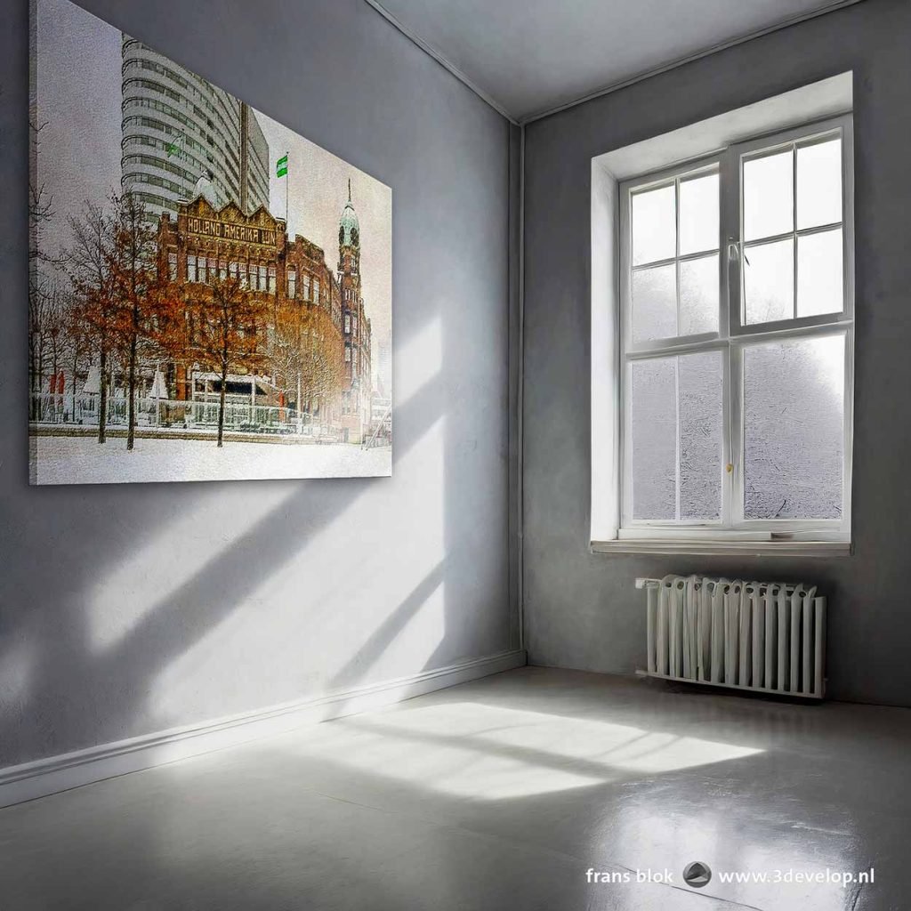 Digitaal schilderij van Hotel New York in Rotterdam in winterse omstandigheden geprint op canvas aan de muur in een kamer met ijsbloemen op de ruiten