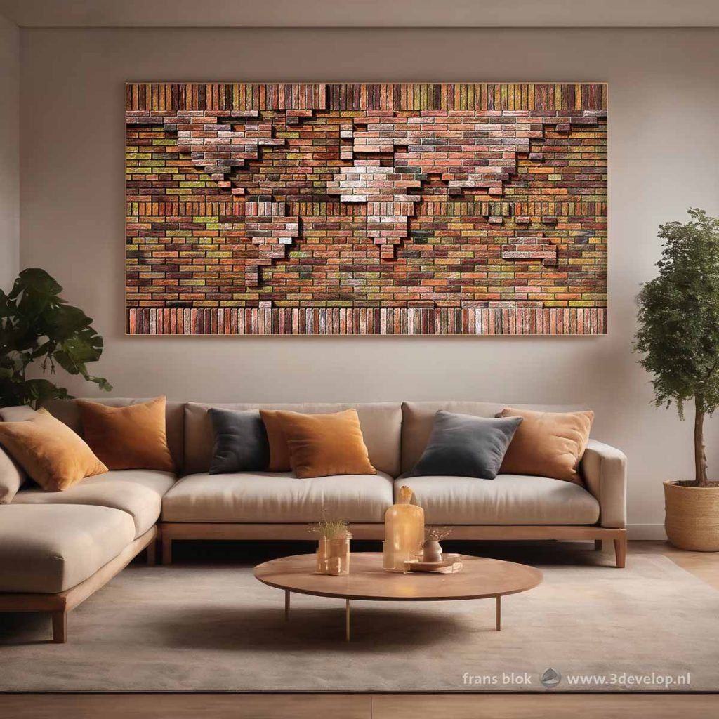 Living room with framed print of a world map as a brick relief on the wall above the couch