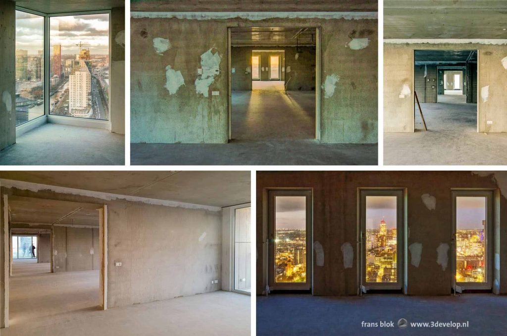 Collage of interior pictures of a floor in the Zalmhaven tower in Rotterdam