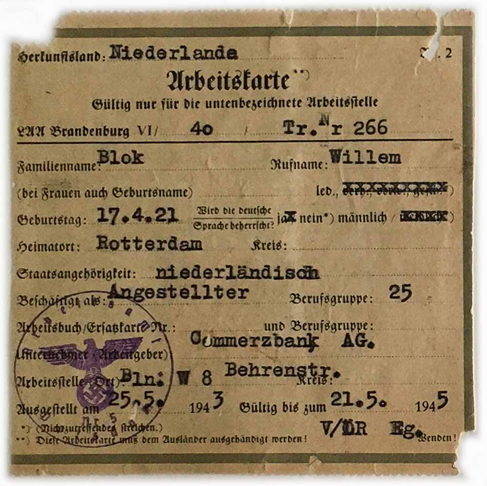 Registration card of a Dutch forced laborer in Germany during the second world war