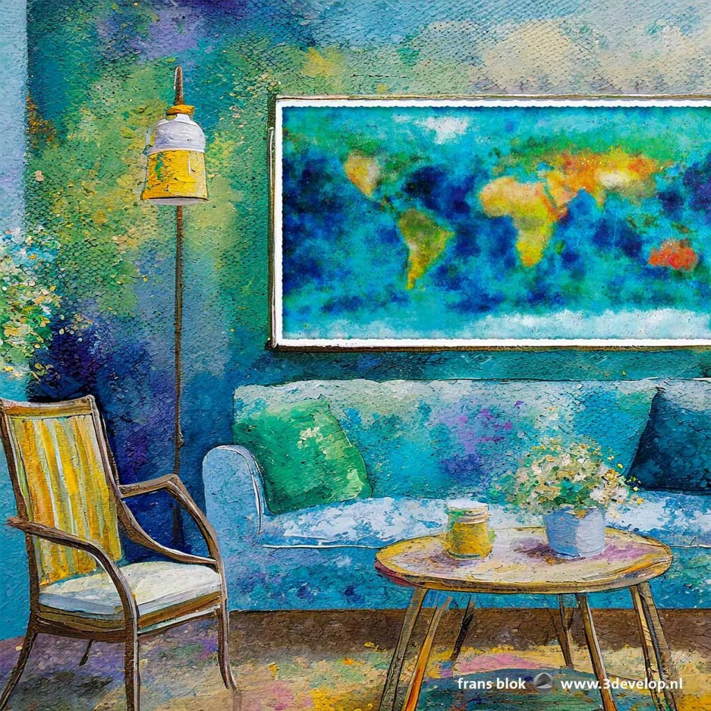 Impressionist painting of a living room, AI-generated, with on the wall an impressionist world map, painted in Photoshop