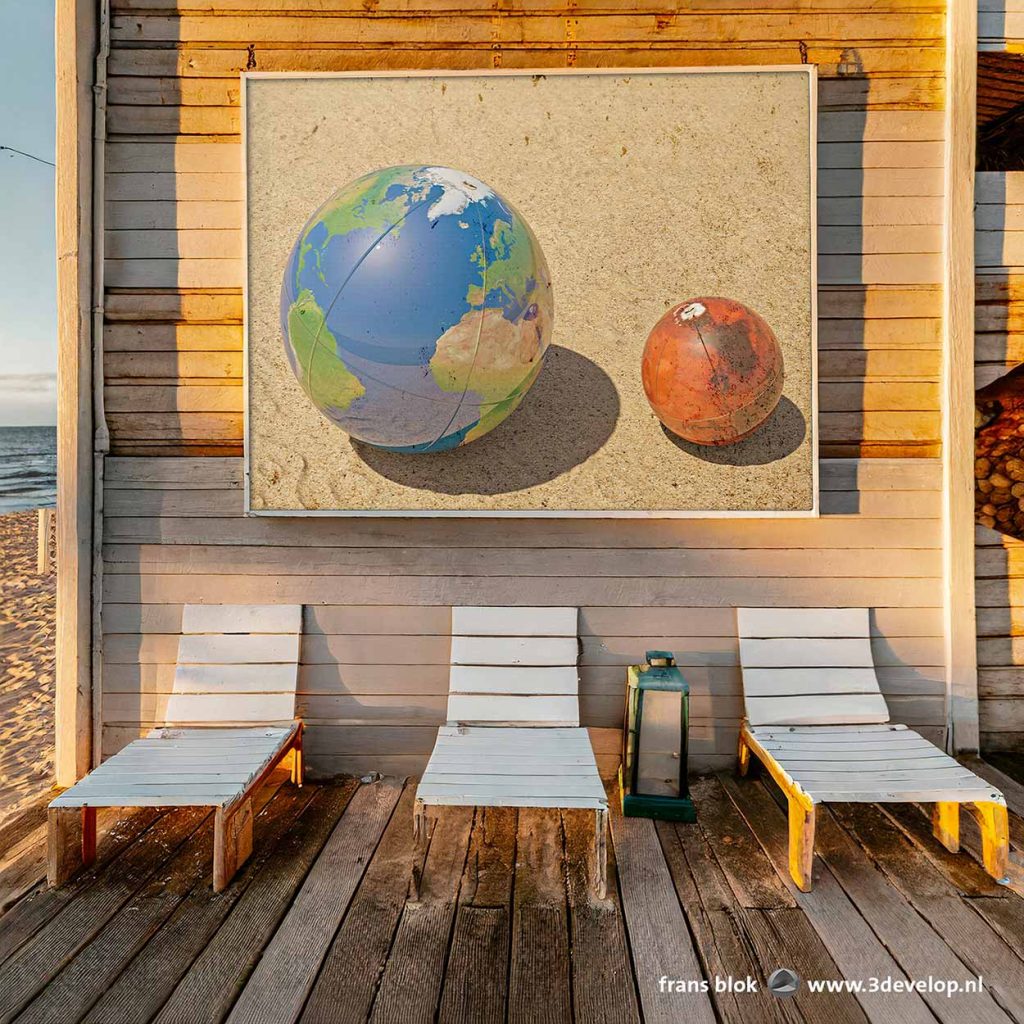 Beach club with three wooden chairs and on the wall a picture of Earth and Mars as beach balls in the correct proportions