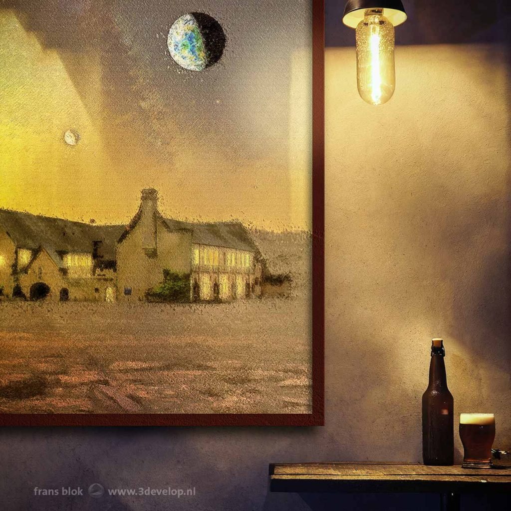 Scarcely illuminated pub with a bottle and a glass dark trappist beer and on the wall a painting of an abbey on a remote planet