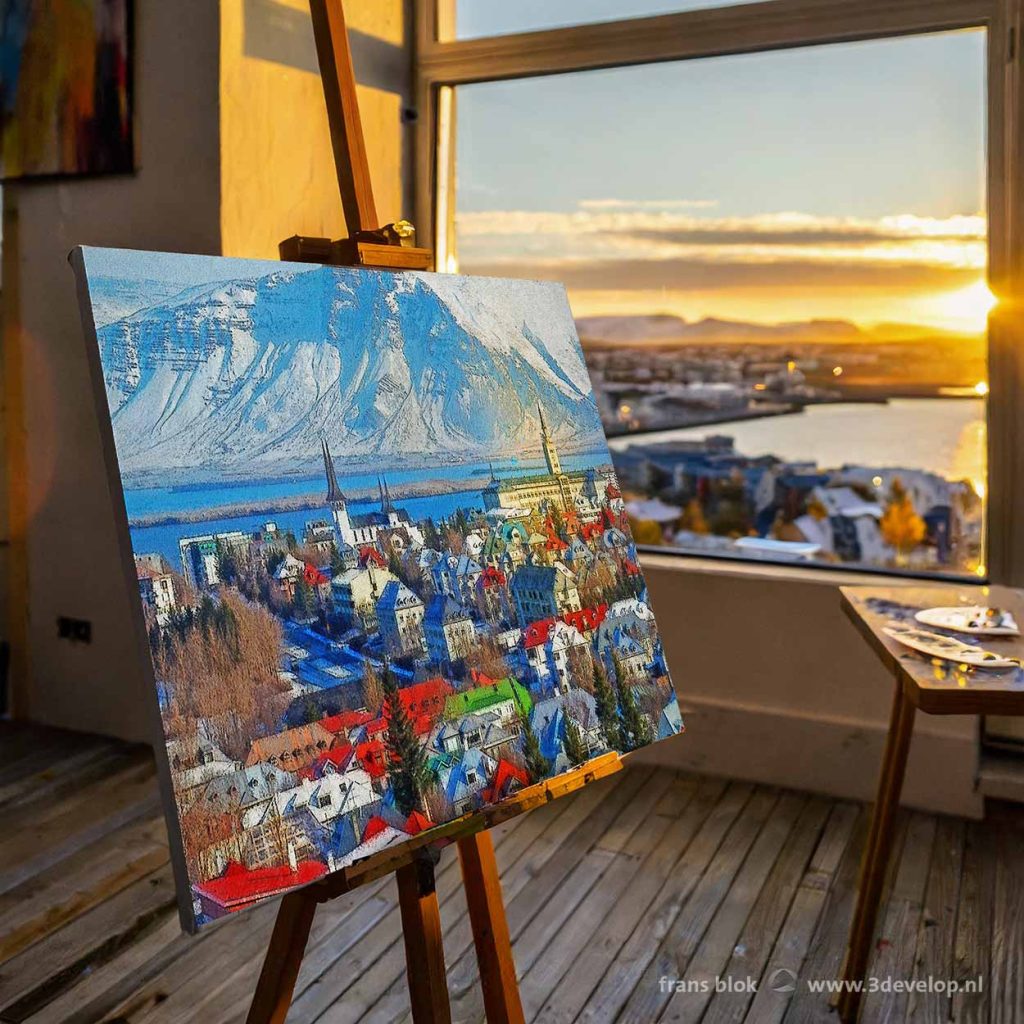 Digital painting of Reykajvik, Iceland, on an easel in a digital, fictitious, artist's atelier in Reykjavik