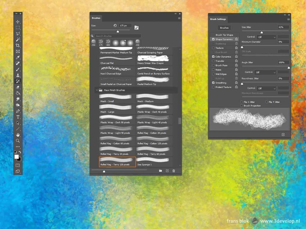 Windows with settings using the Art History Brush in Adobe Photoshop