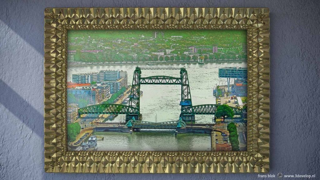 Digital painting of railway bridge De Hef in Rotterdam in a golden frame