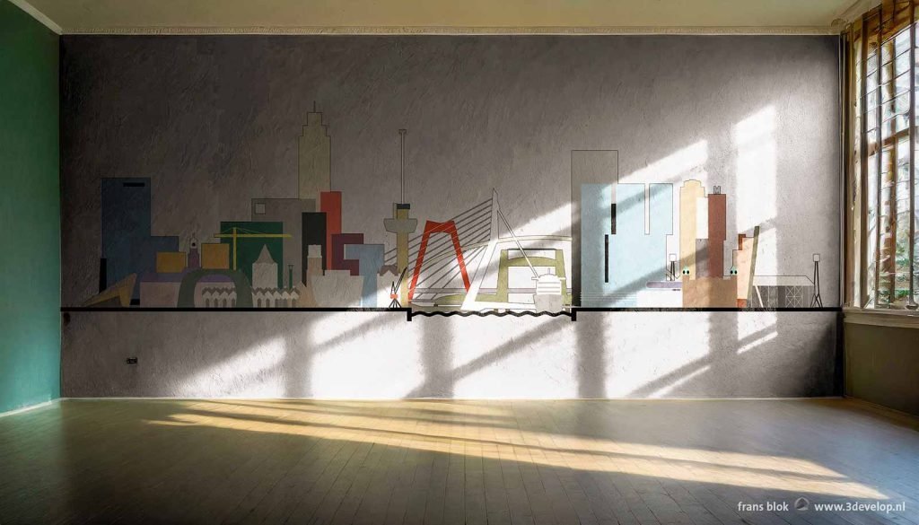 Somewhat fading wall painting of the skyline of Rotterdam in an empty sunny room