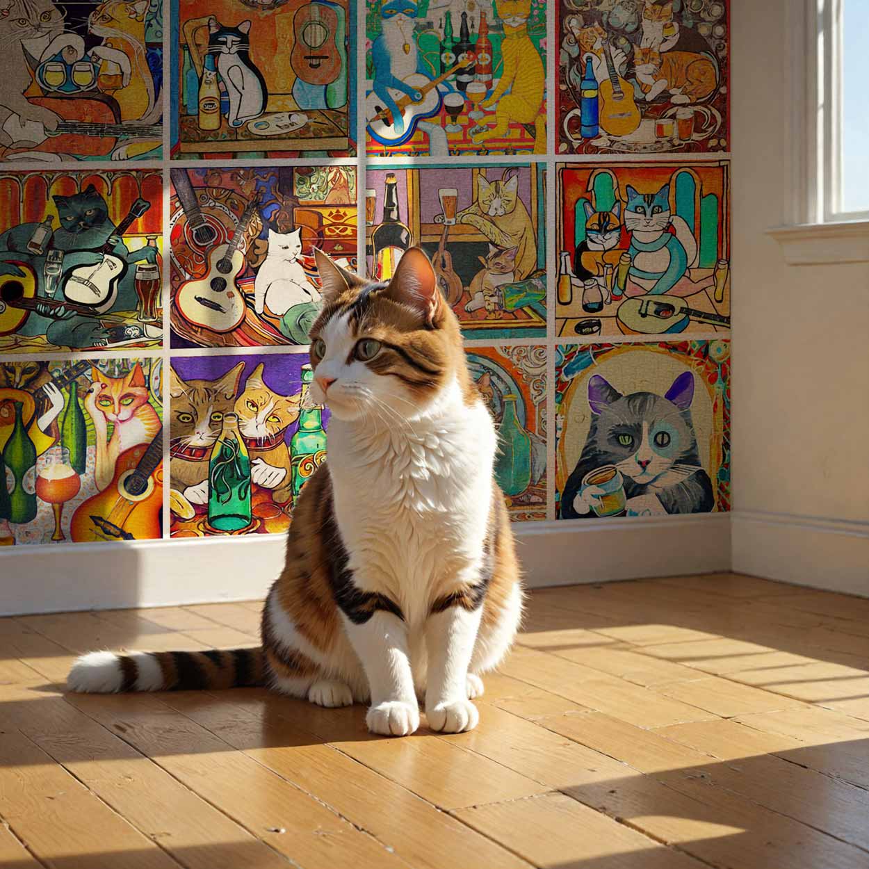 Calico cat in a room with cat-themed art nouveau wallpaper, all generated with artificial intelligence