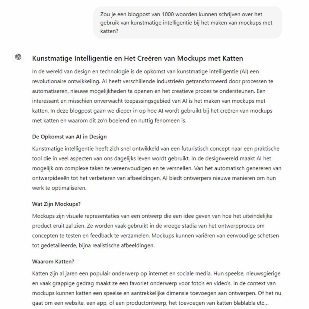 Het antwoord van ChatGPT op een vraag over katten, mockups en kunstmatige intelligentie