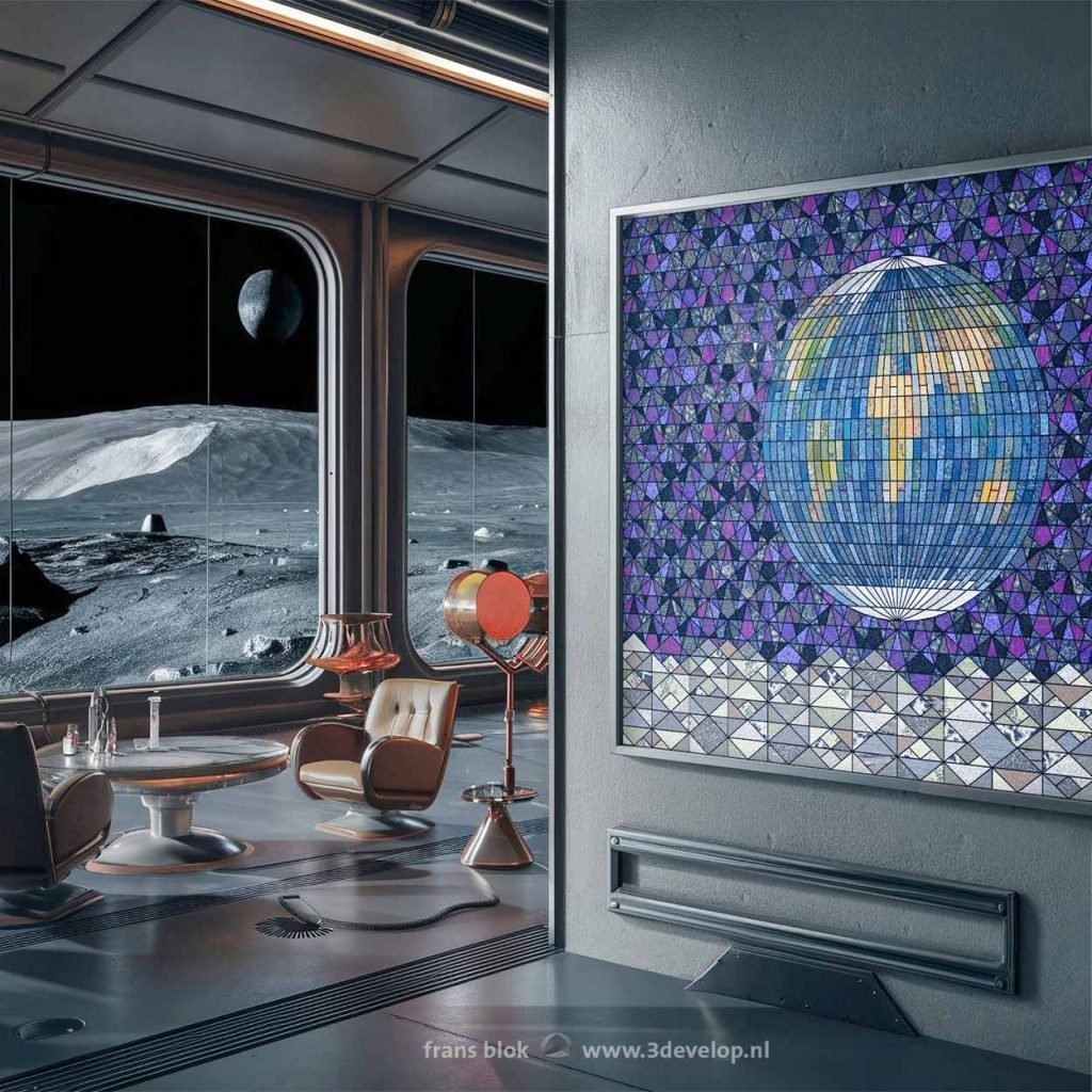 Interior of a futuristic moonbase with a view of the distant Earth above a barren lunar landscape and on the wall a framed print of a stained glass window based on the famous Earthrise photo