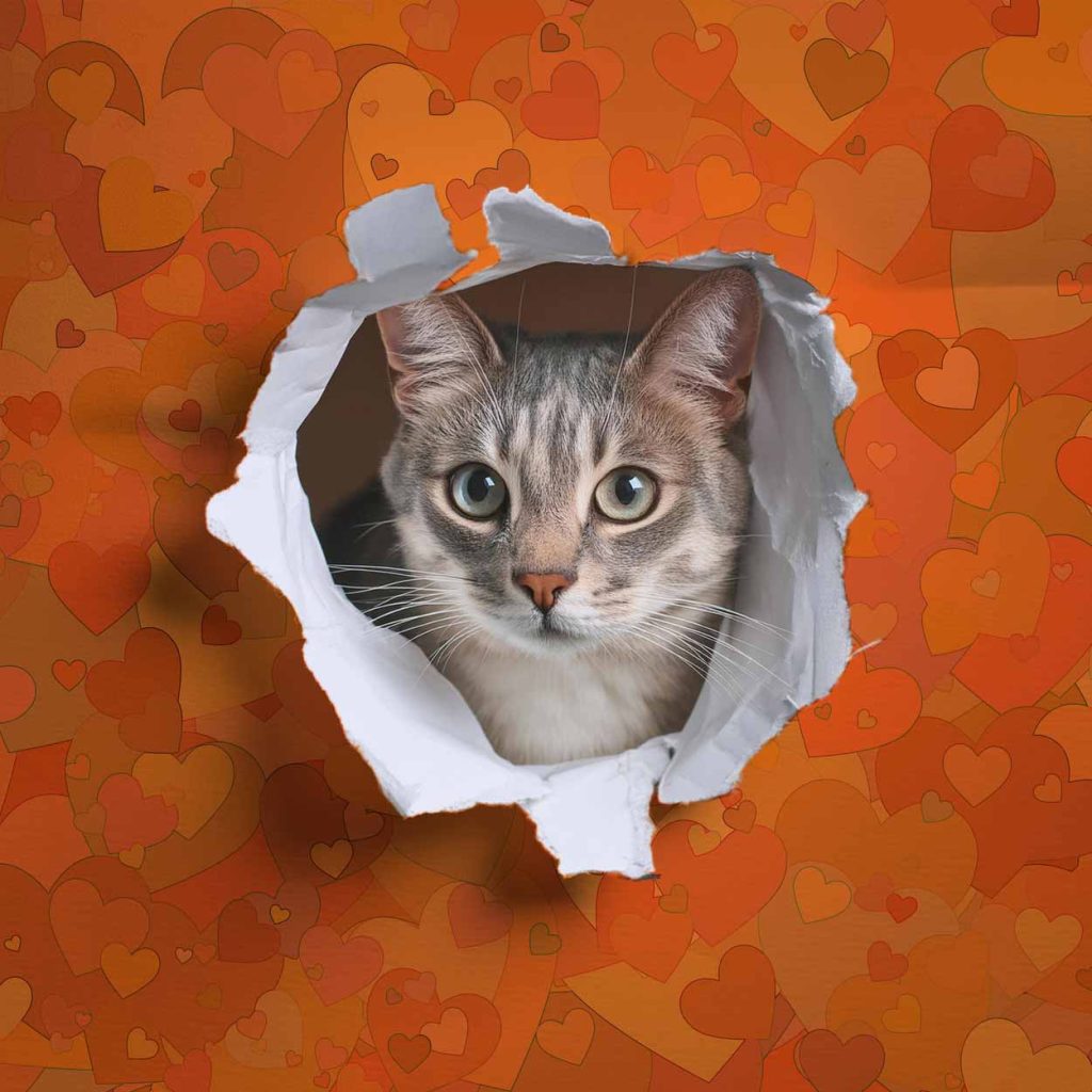 Young cat looking through hole in paper print of an artwork made of orange hearts