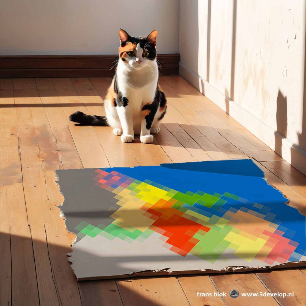 Calico cat looking at somewhat damaged map of the Netherlands made of colorful squares. What's his role in the incident? No one knows