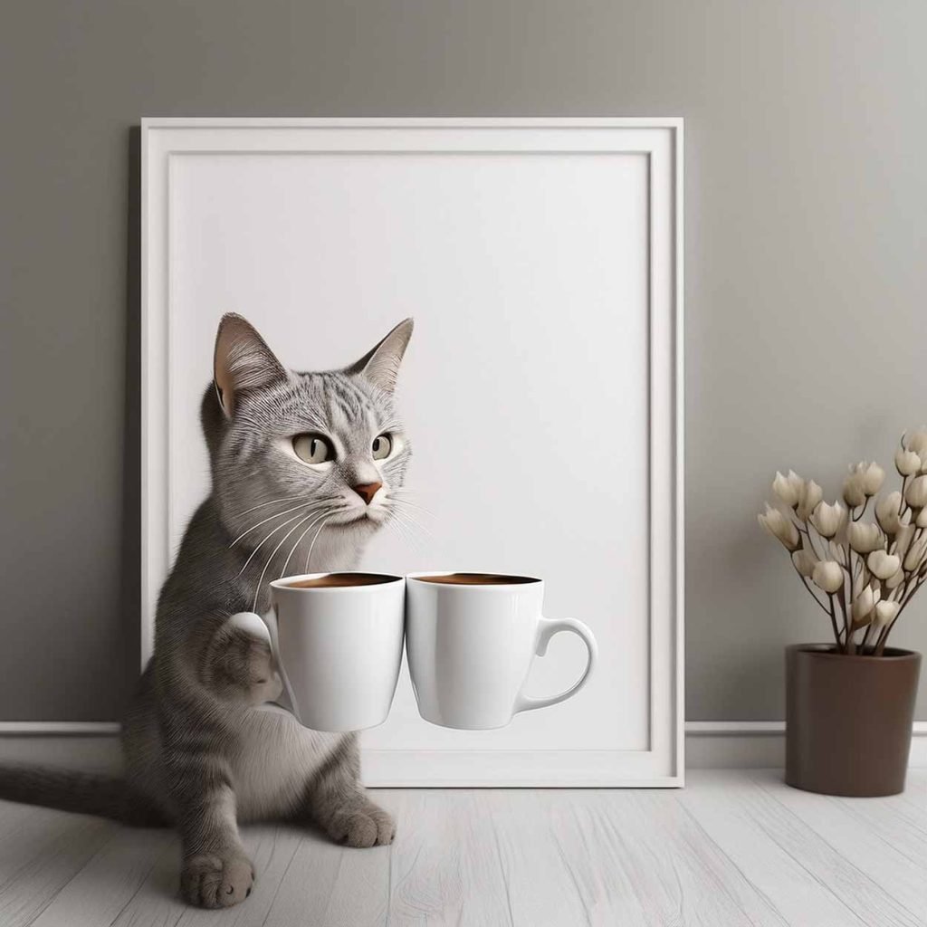 Image generated with artificial intelligence of a cat offering two cups of coffee