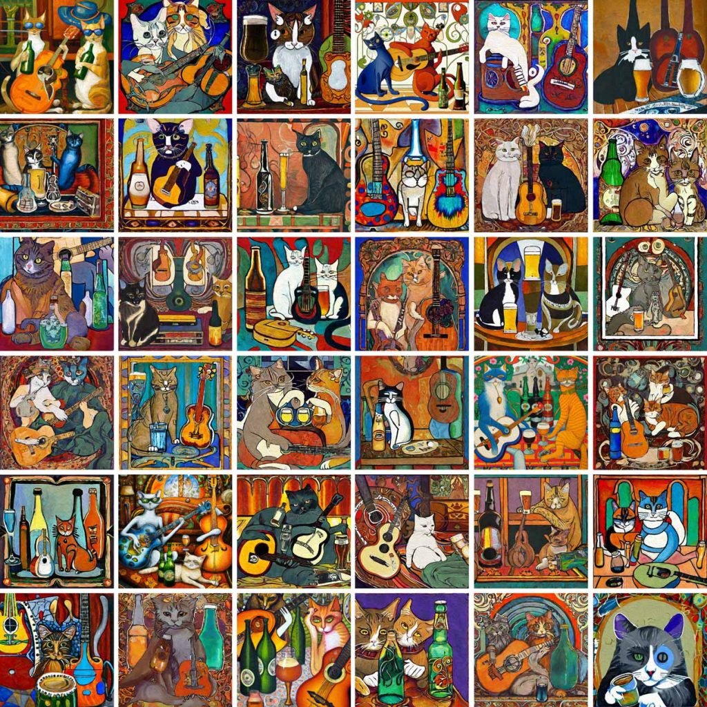 36 small art nouveau painting about cats, gitars and beer