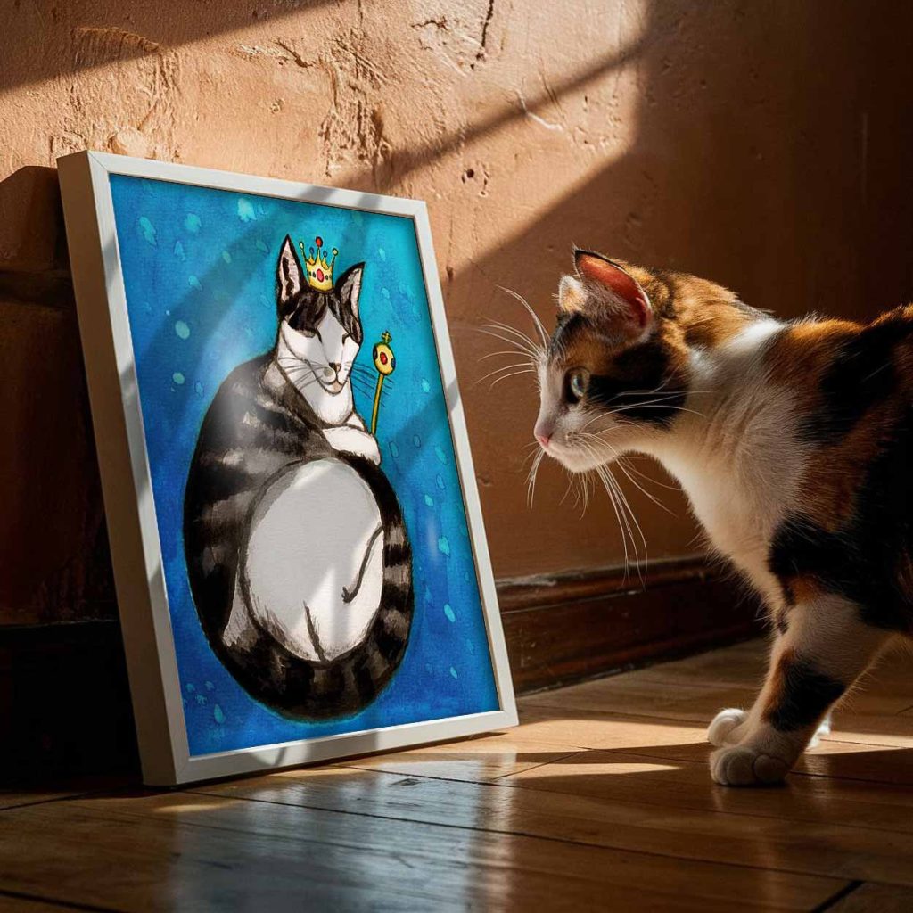 Calico cat looks at framed ecoline drawing of a cat with scepter and crown