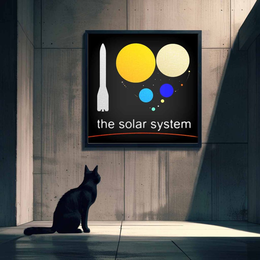 Black cat studying a scale model of the solar system