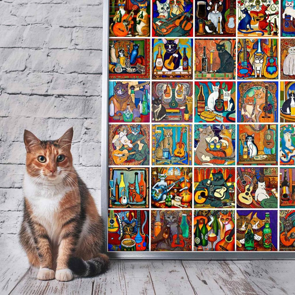 Cat sitting on a wooden floor next to a framed print of paintings of cats in art nouveau style