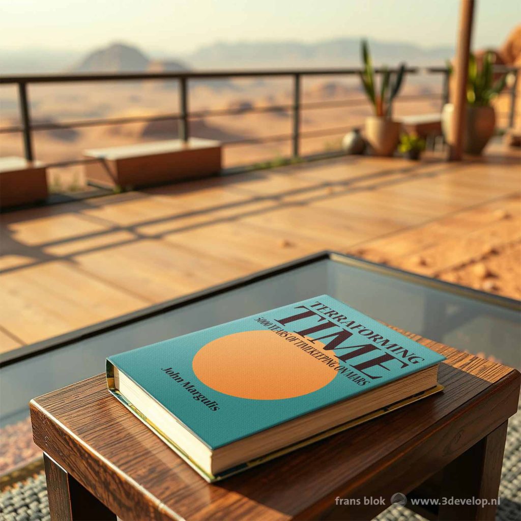 Book entitled Terraforming Time, on a wooden table on a terrace with a view of a Martian landscape in a remote future