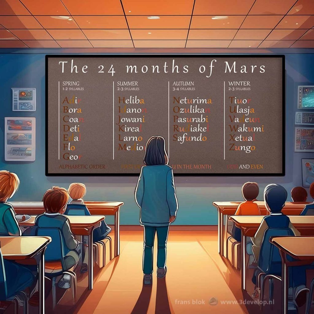 Classroom the children and teacher and on screen a table with the names of the months on Mars