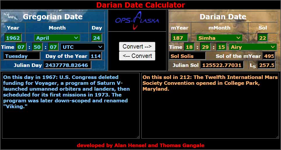 Screenshot of an application that converts a date from the Gregorian calendar to a date on the Darian (Mars) calendar and vice versa