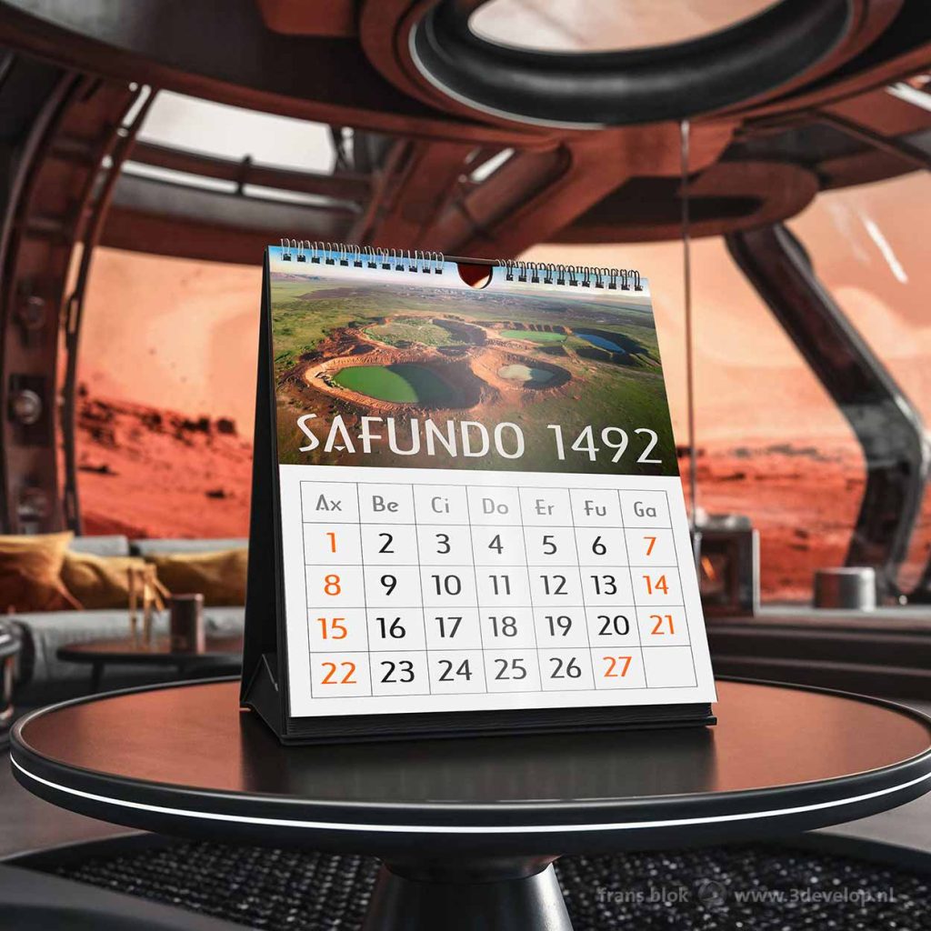 The month of Safundo in Marsyear 1492, on a calendar on a table in a house on Mars