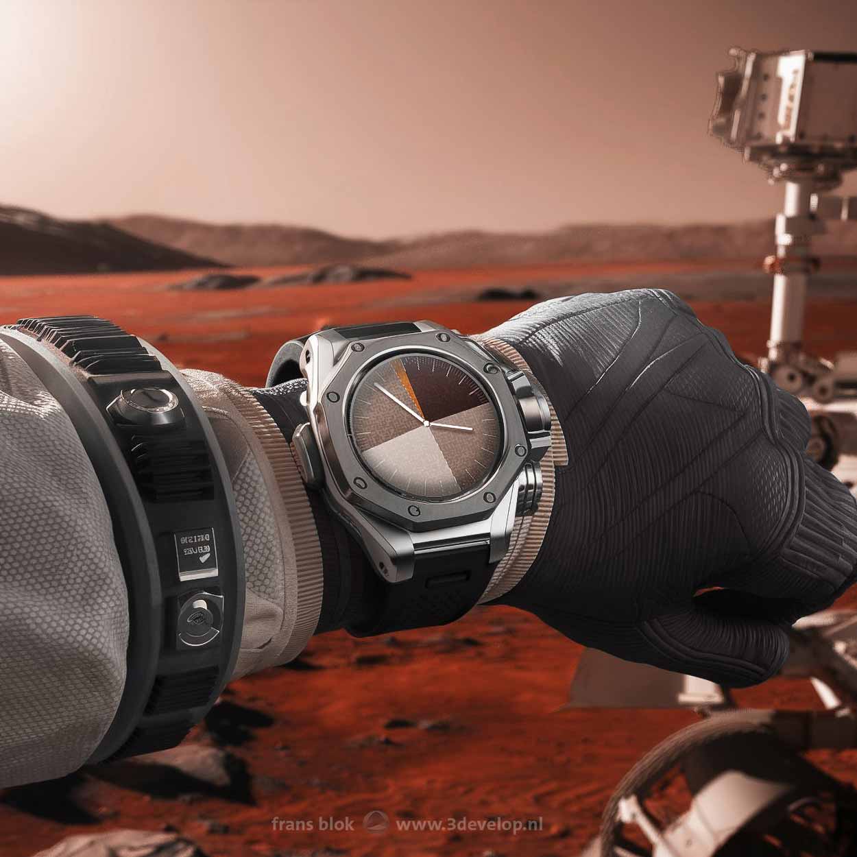 Martian landscape with a rover and in the foreground the wrist of an astronaut with a watch displaying slightly more than 24 hours