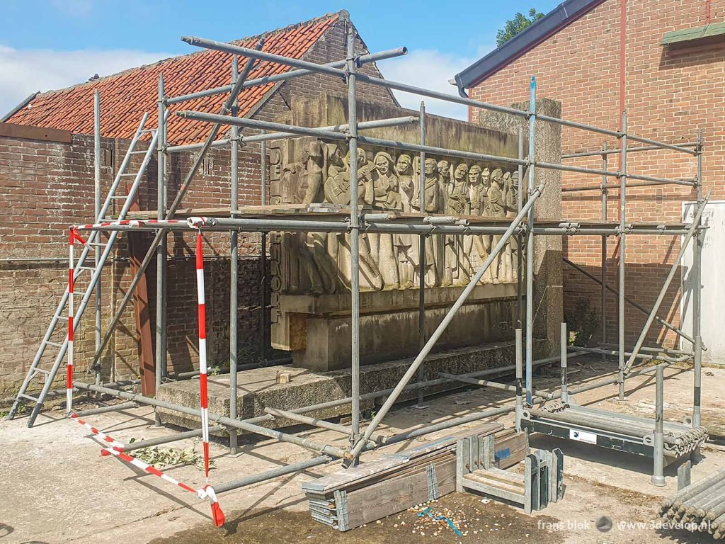 The Facade stone of the old Rotterdam Bijenkorf at the restauration atelier in Ameide