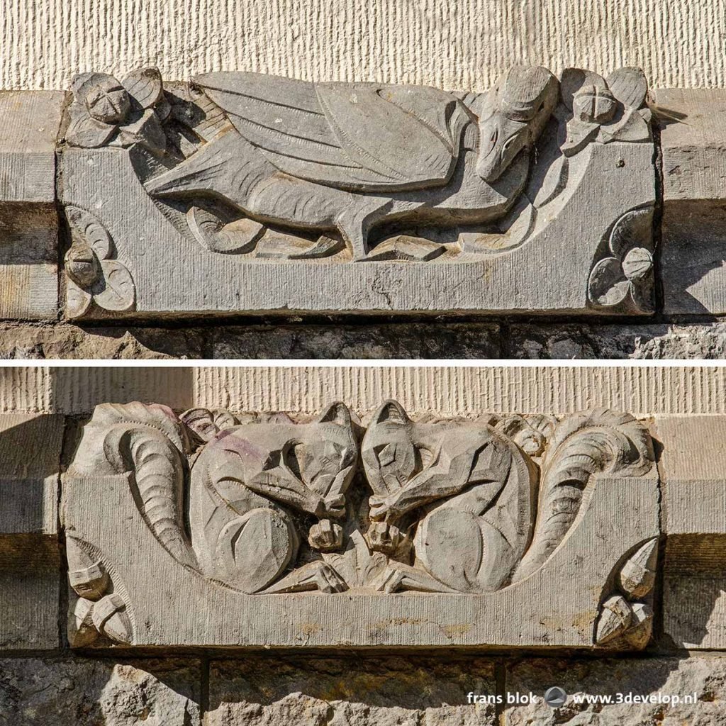 Facade sculptures on former Hofplein railway viaduct, with a duck and two squirrels