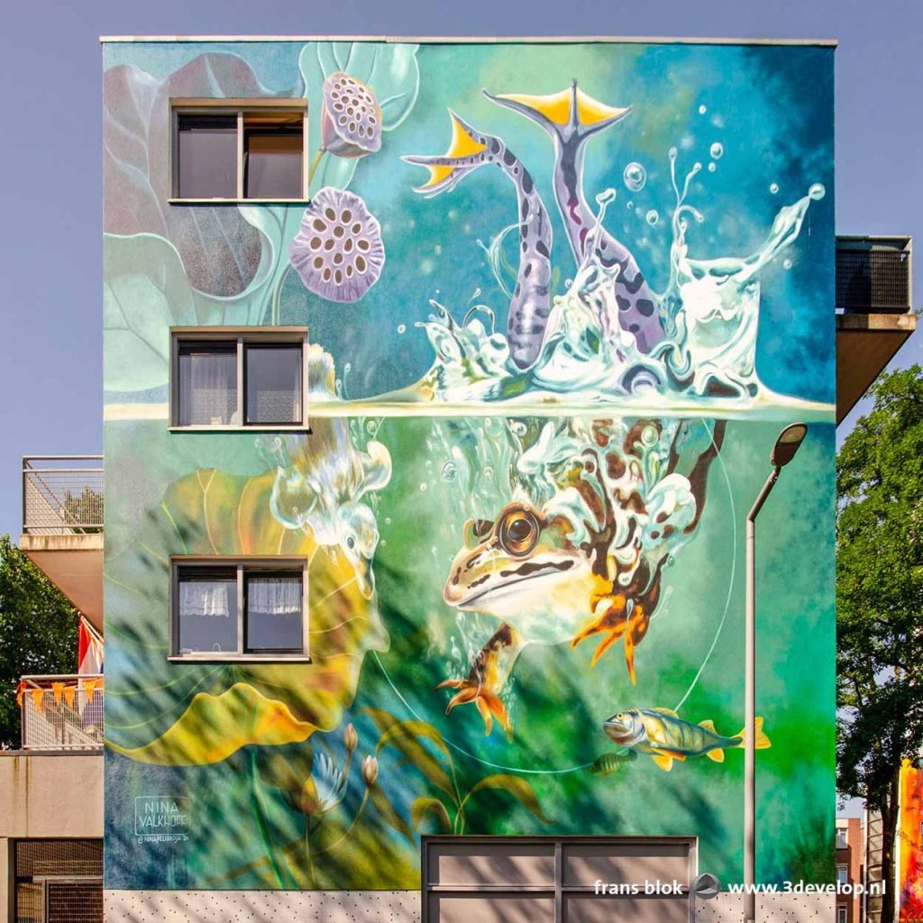 Mural bij Nina Valkhoff in Rotterdam North with a frog, a duck and a fish