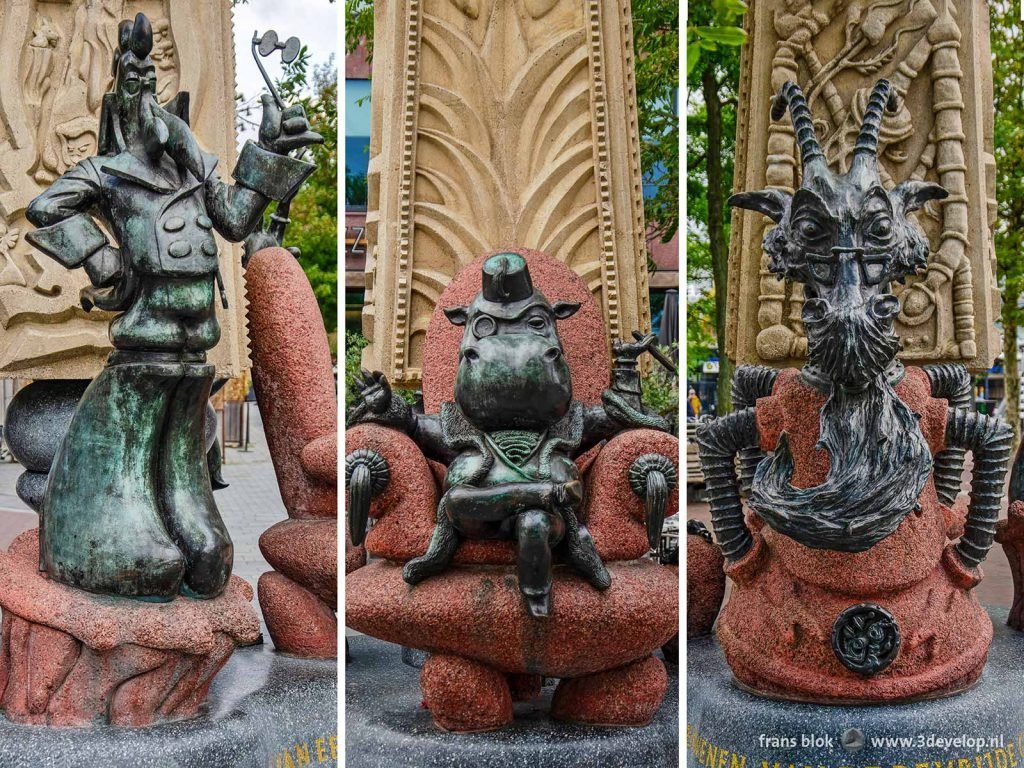 Three characters from the comics by Marten Toonder: marquis de Canteclaer, mayor Dickerdack and professor Sickbock, on the Toonder monument in Rotterdam